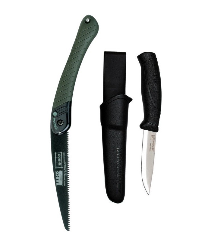 Set cuţit Mora Companion NEGRU si fierastrau Bahco pentru bushcraft/ camping/ vanatoare